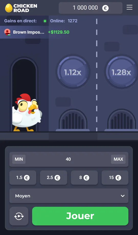 Chicken Road app sur mobile : la poule au départ, la mise et le bouton Jouer dans le navigateur