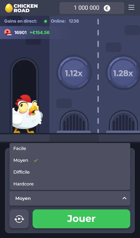 Menu déroulant des niveaux Facile, Moyen, Difficile et Hardcore sur mobile