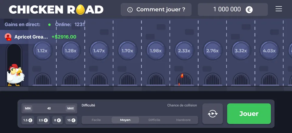 Chicken Road en mode paysage sur téléphone : plusieurs lignes et multiplicateurs visibles