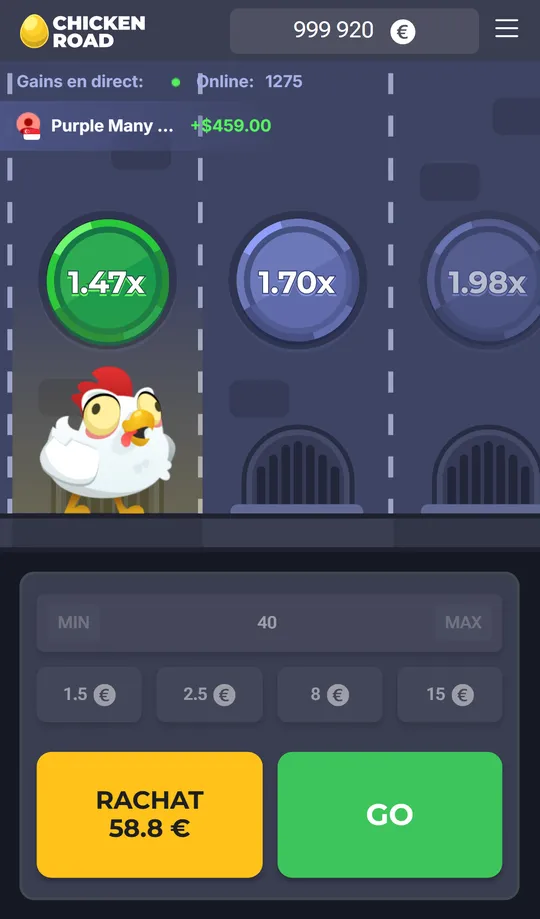 Partie en cours sur mobile avec les boutons RACHAT et GO